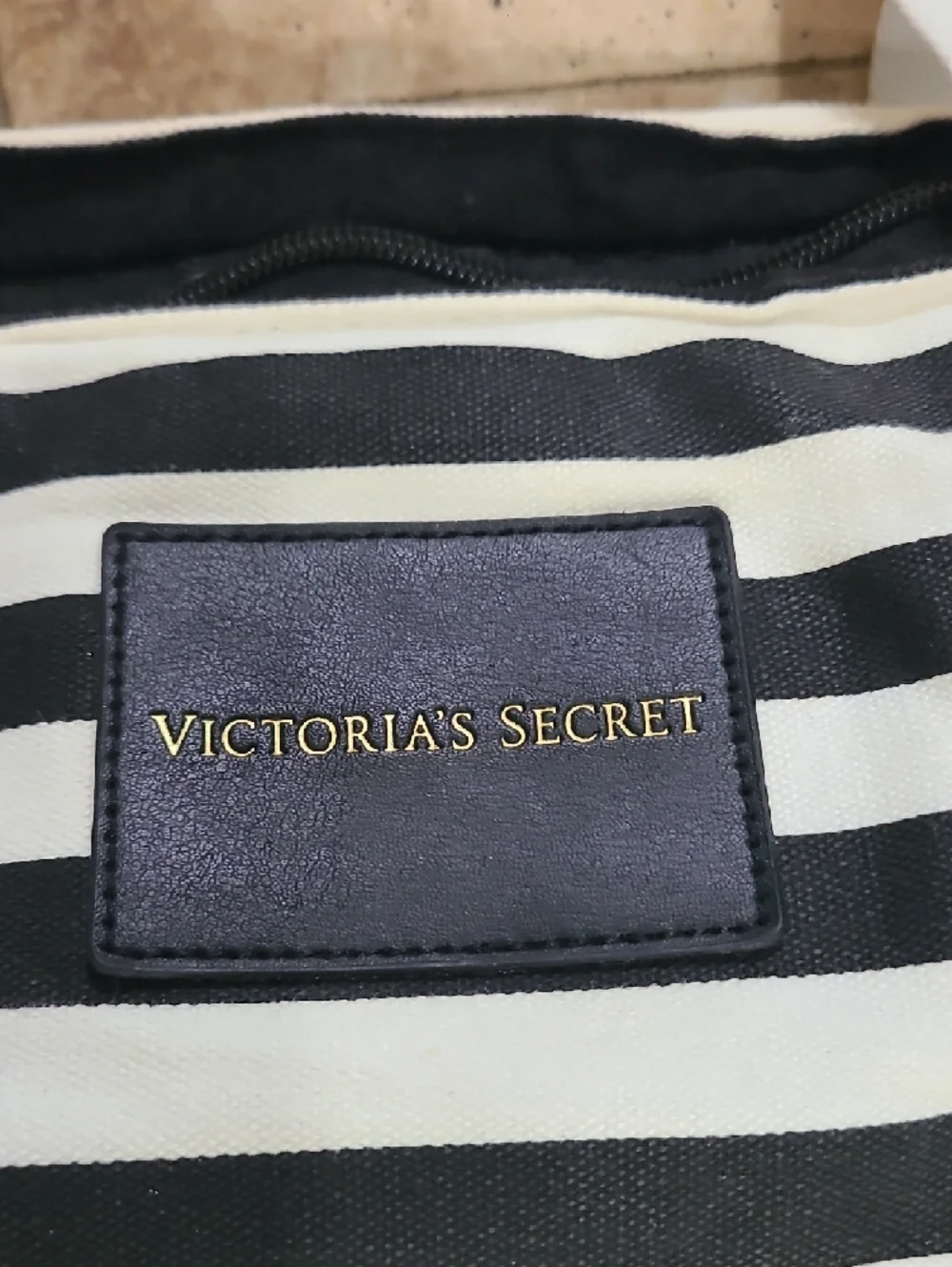 Victoria's Secret Black & White Striped Tote with Gold Bottom